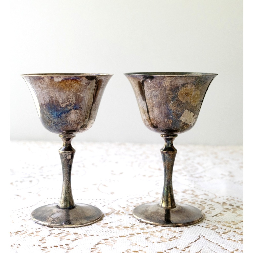 Vintage E.L. Delberti Wine Goblets Set Of Two Silver Plated Metal